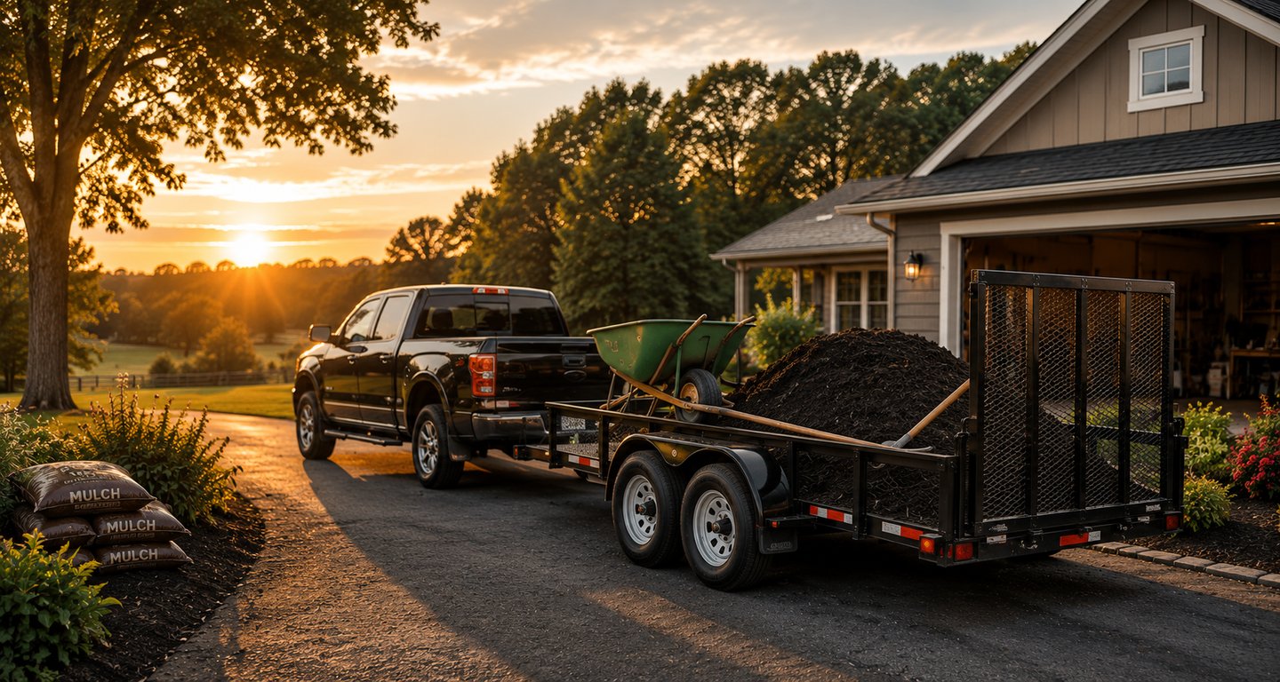 Pickup truck hauling a trailer loaded with mulch